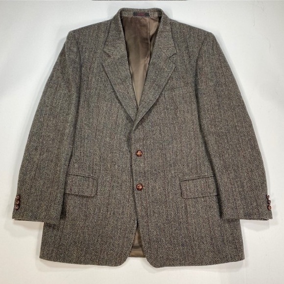 English Manor Other - Mens 44L Brown Tweed Herringbone 100% Wool Blazer Jacket English Manor